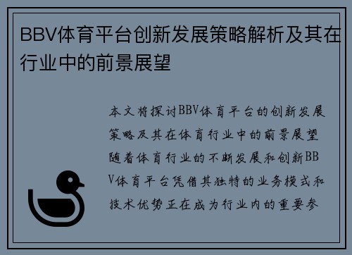 BBV体育平台创新发展策略解析及其在行业中的前景展望